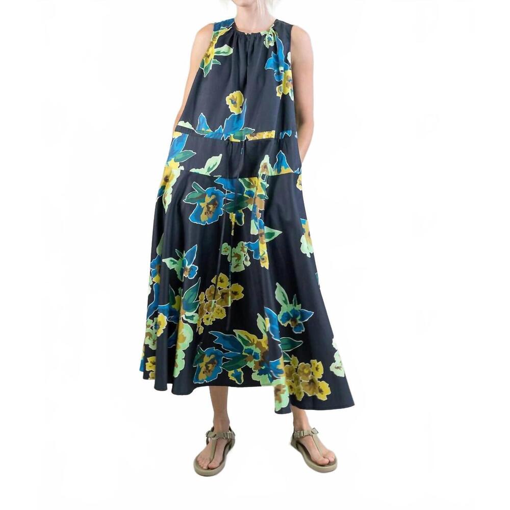 NEW PSOPHIA sleeveless midi dress in satin cotton with noctis botanical floral p